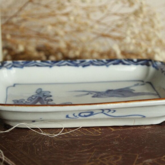 Vintage 1800s Sometsuke Plate, Antique Crane Pattern Blue And White Small Tray - Picture 7 of 13